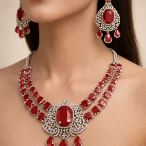 Ruby Red Stone Diamond Necklace Set with Matching Earrings – Silver Finish
