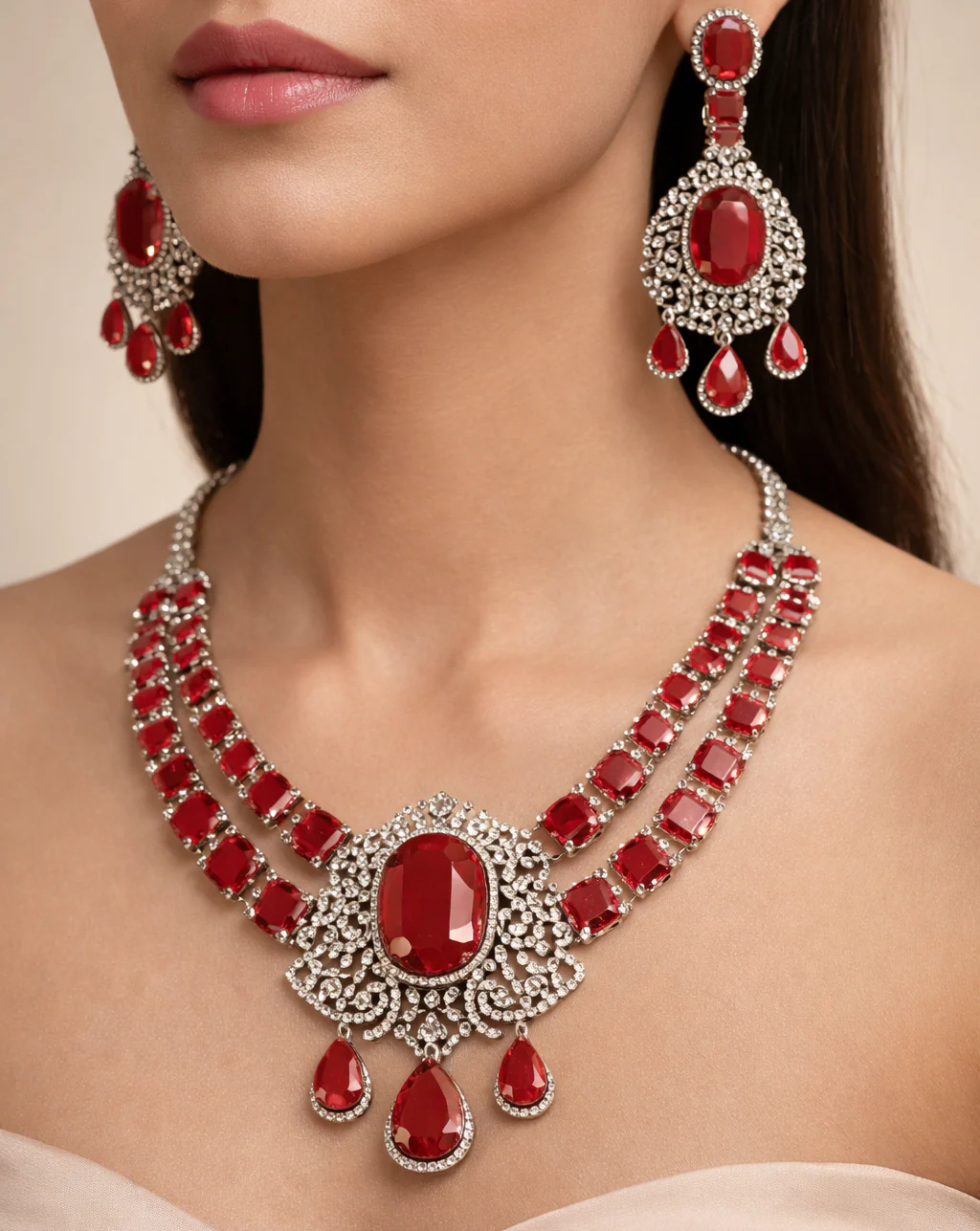 Ruby Red Stone Diamond Necklace Set with Matching Earrings – Silver Finish