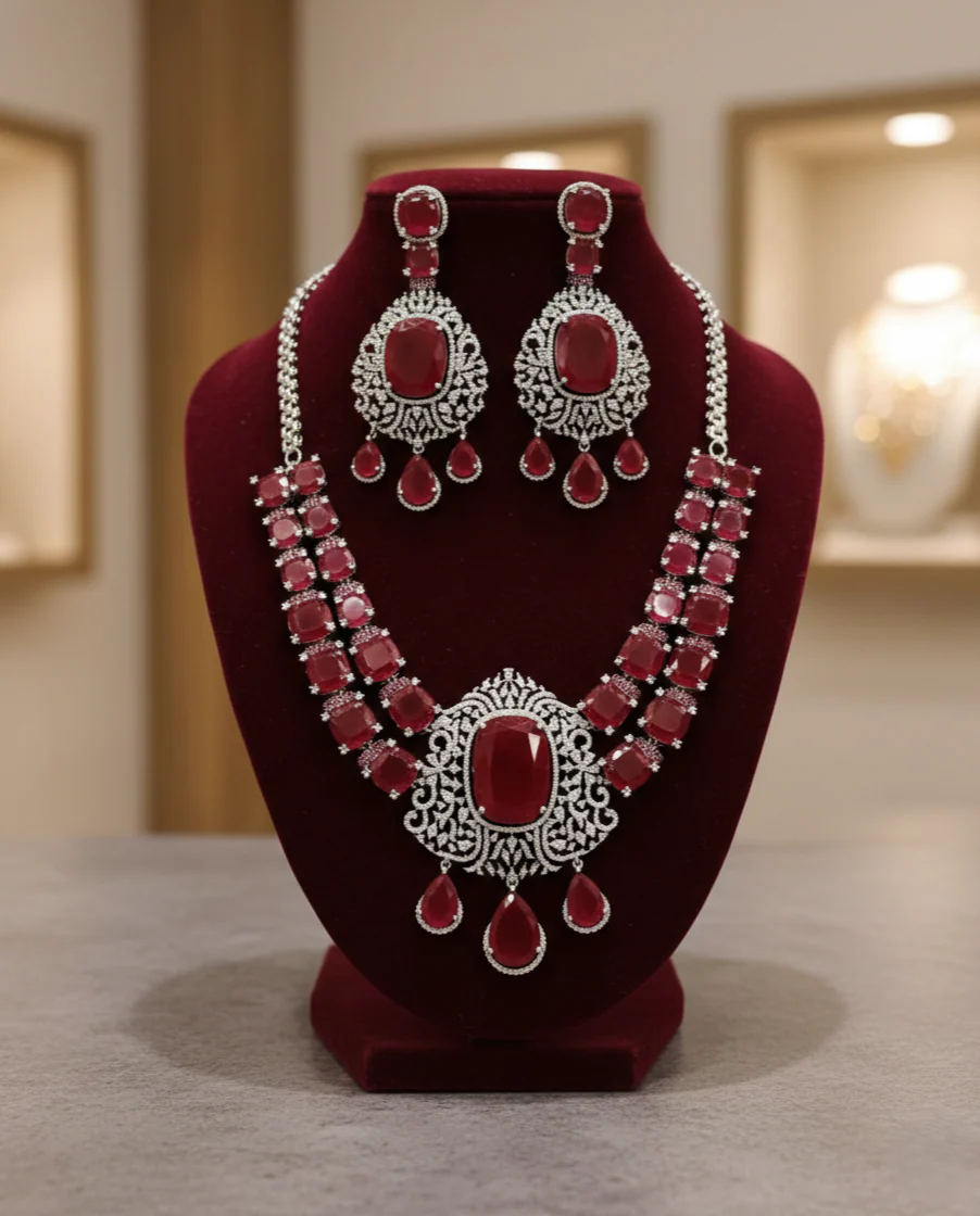 Ruby Red Stone Diamond Necklace Set with Matching Earrings – Silver Finish