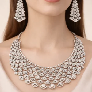 White Diamond Style Statement Necklace Set with Matching Earrings