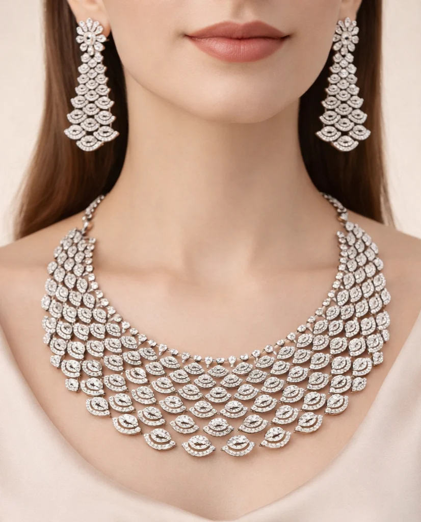 White Diamond Style Statement Necklace Set with Matching Earrings