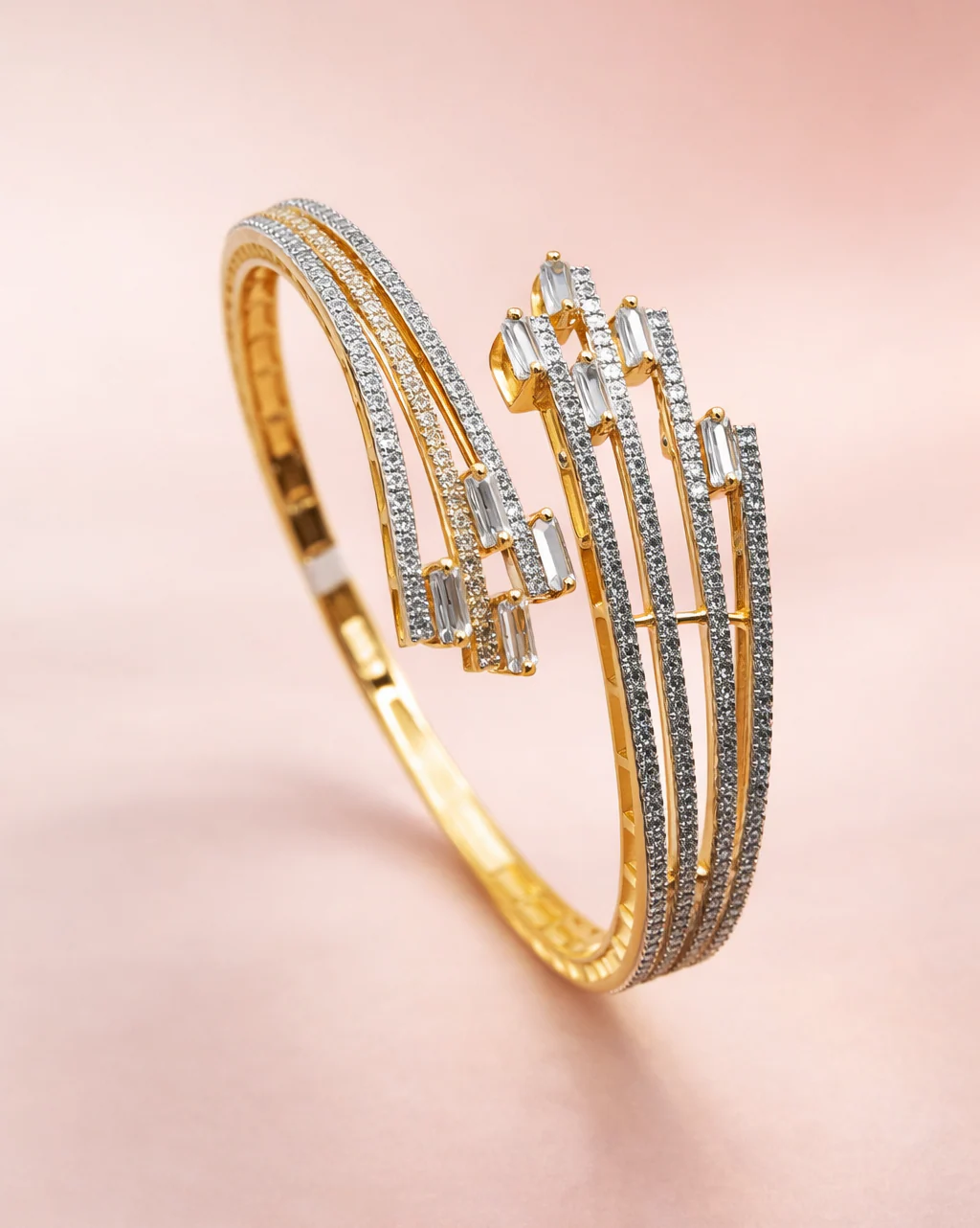 Multi Line Diamond Bracelet in Gold Polish | Openable Baguette Designer Bracelet for Women