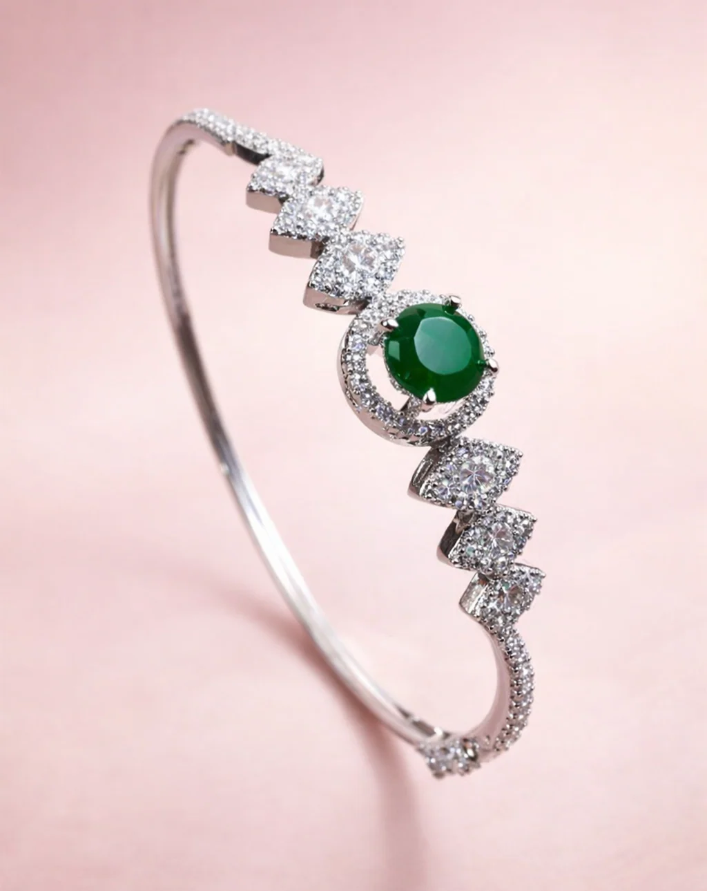 Luxury Diamond Bracelet with Green Stone | Openable Silver Finish Bracelet for Women