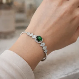 Luxury Diamond Bracelet with Green Stone | Openable Silver Finish Bracelet for Women