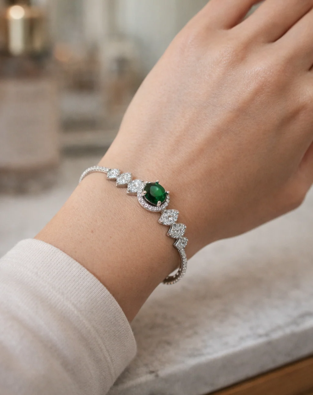 Luxury Diamond Bracelet with Green Stone | Openable Silver Finish Bracelet for Women