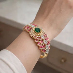 Bridal Diamond Bracelet with Green Stone & Pink Accents | Gold Polish Openable Bracelet