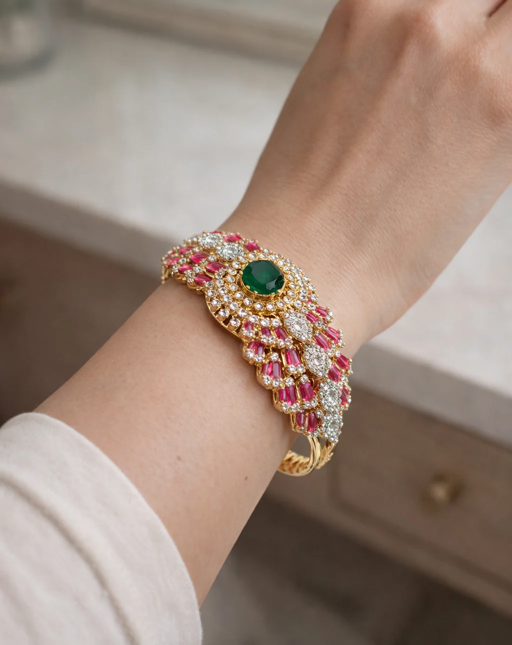 Bridal Diamond Bracelet with Green Stone & Pink Accents | Gold Polish Openable Bracelet