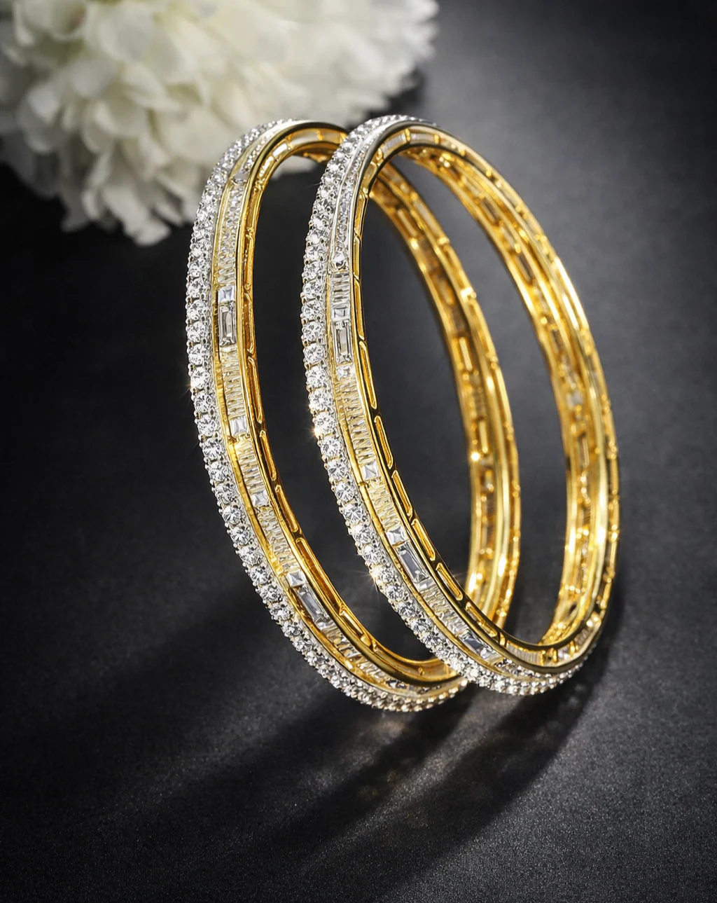 Dual Tone Diamond Finish Bangle Set for Women – Gold Polish with Baguette Detailing