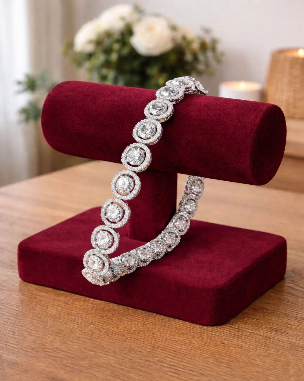 Silver-Tone Round Halo Crystal Bracelet for Women