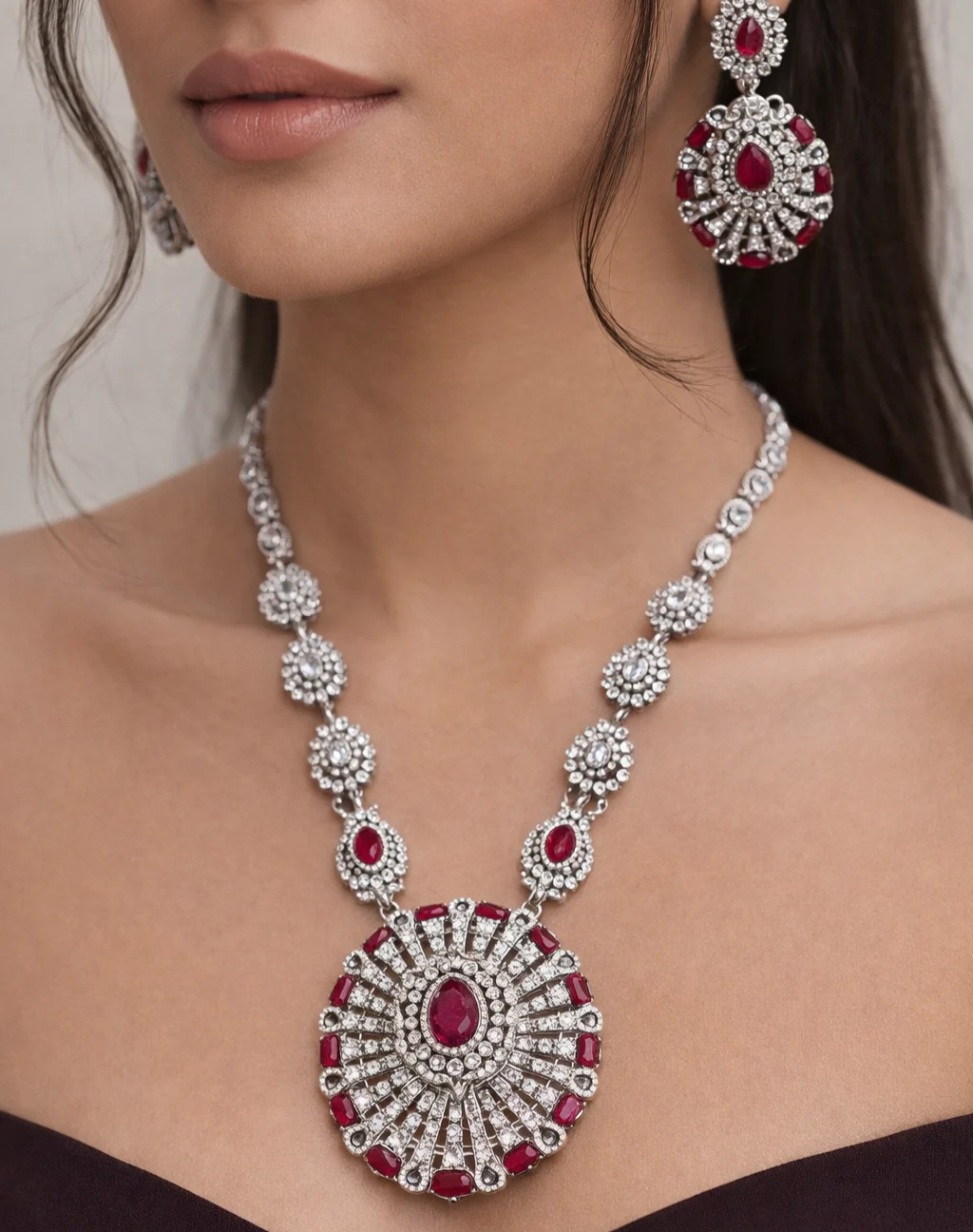 Diamond Long Necklace Set with Ruby Stones