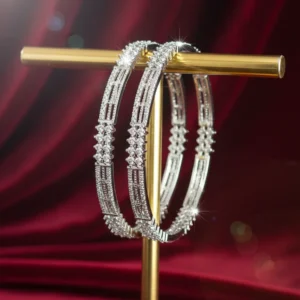 Silver Tone Diamond Look Fixed Bangle Pair for Women