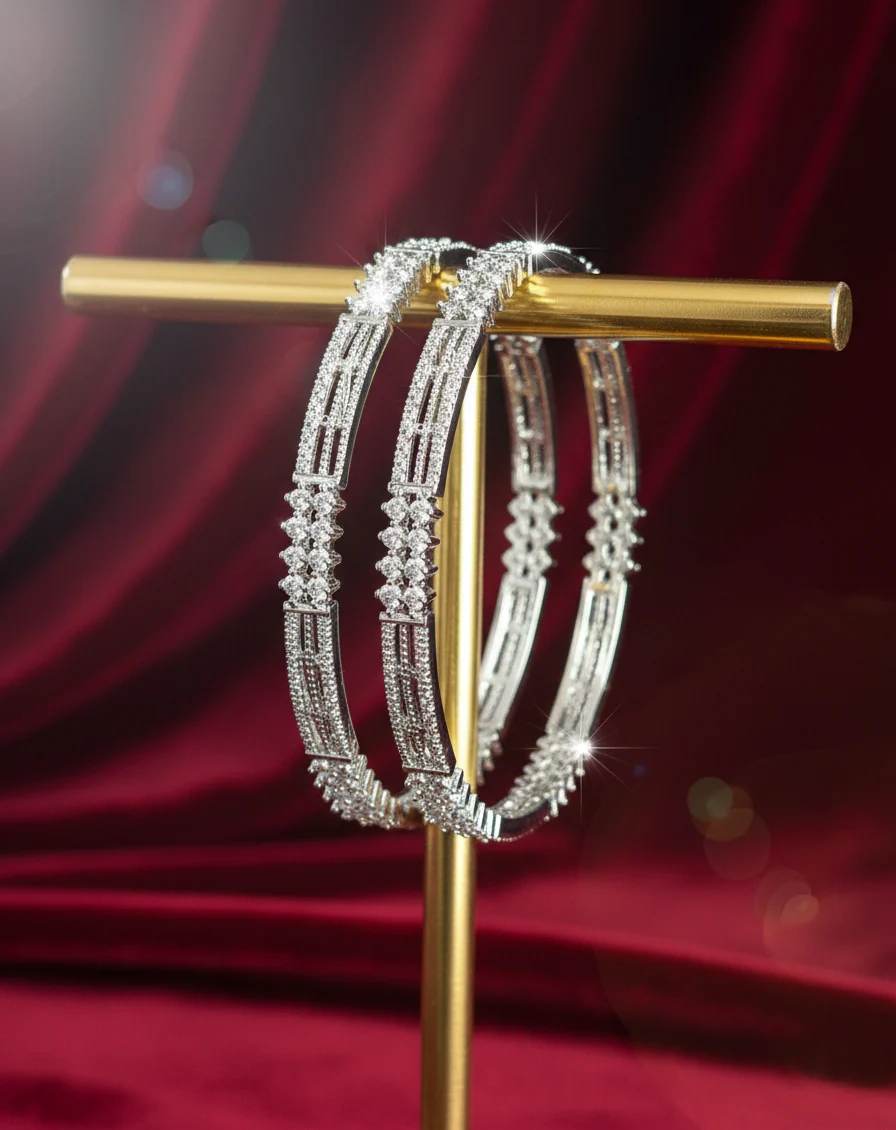 Silver Tone Diamond Look Fixed Bangle Pair for Women