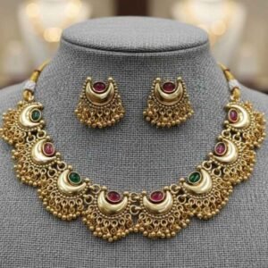 Traditional Gold Finish Crescent Necklace Set with Green & Pink Stones