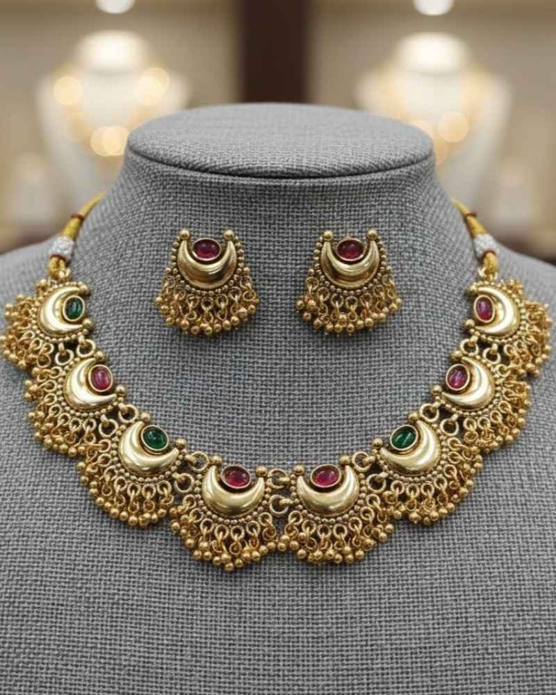 Traditional Gold Finish Crescent Necklace Set with Green & Pink Stones