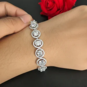 Silver-Tone Round Halo Crystal Bracelet for Women