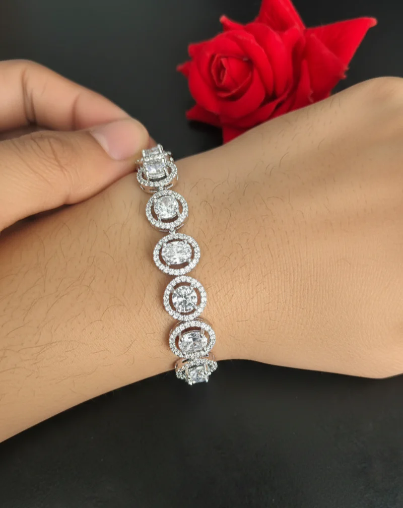Silver-Tone Round Halo Crystal Bracelet for Women