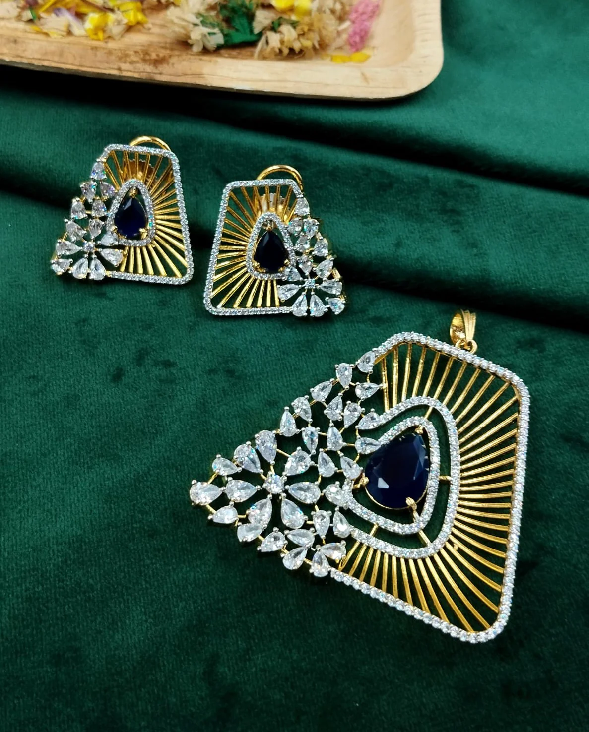 Blue Stone Geometric Diamond-Look Pendant Set with Matching Earrings – Gold Finish