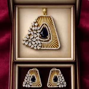 Blue Stone Geometric Diamond-Look Pendant Set with Matching Earrings – Gold Finish