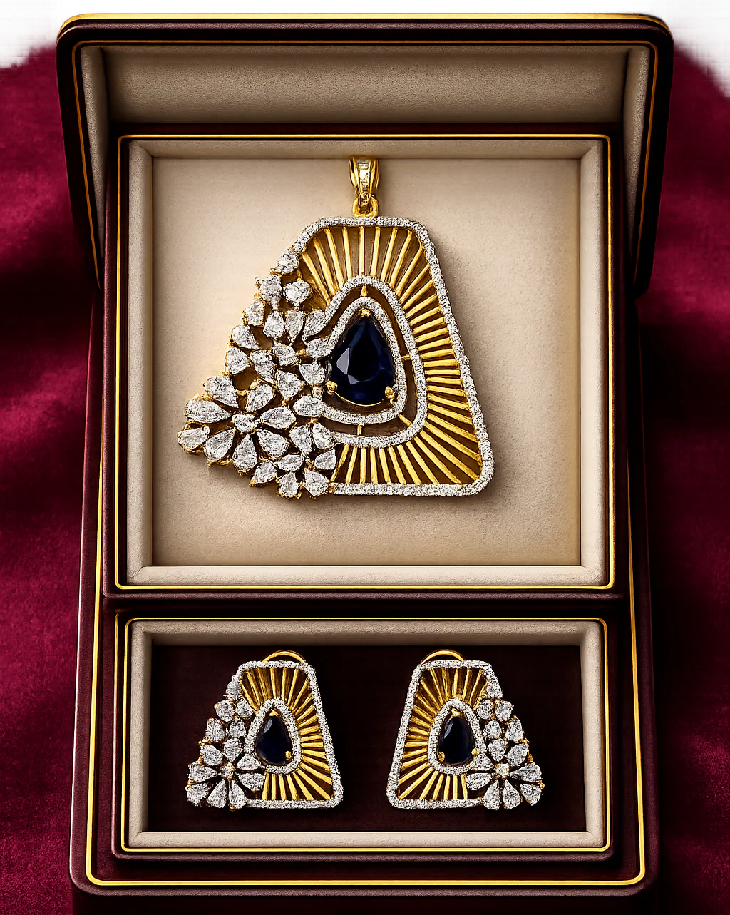 Blue Stone Geometric Diamond-Look Pendant Set with Matching Earrings – Gold Finish