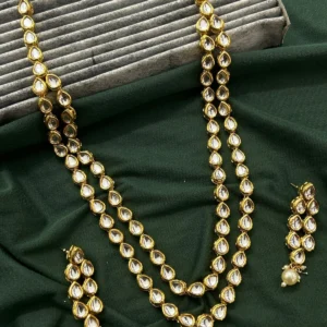 Antique Gold Double Line Kundan Necklace Set with Pearl Drop Earrings