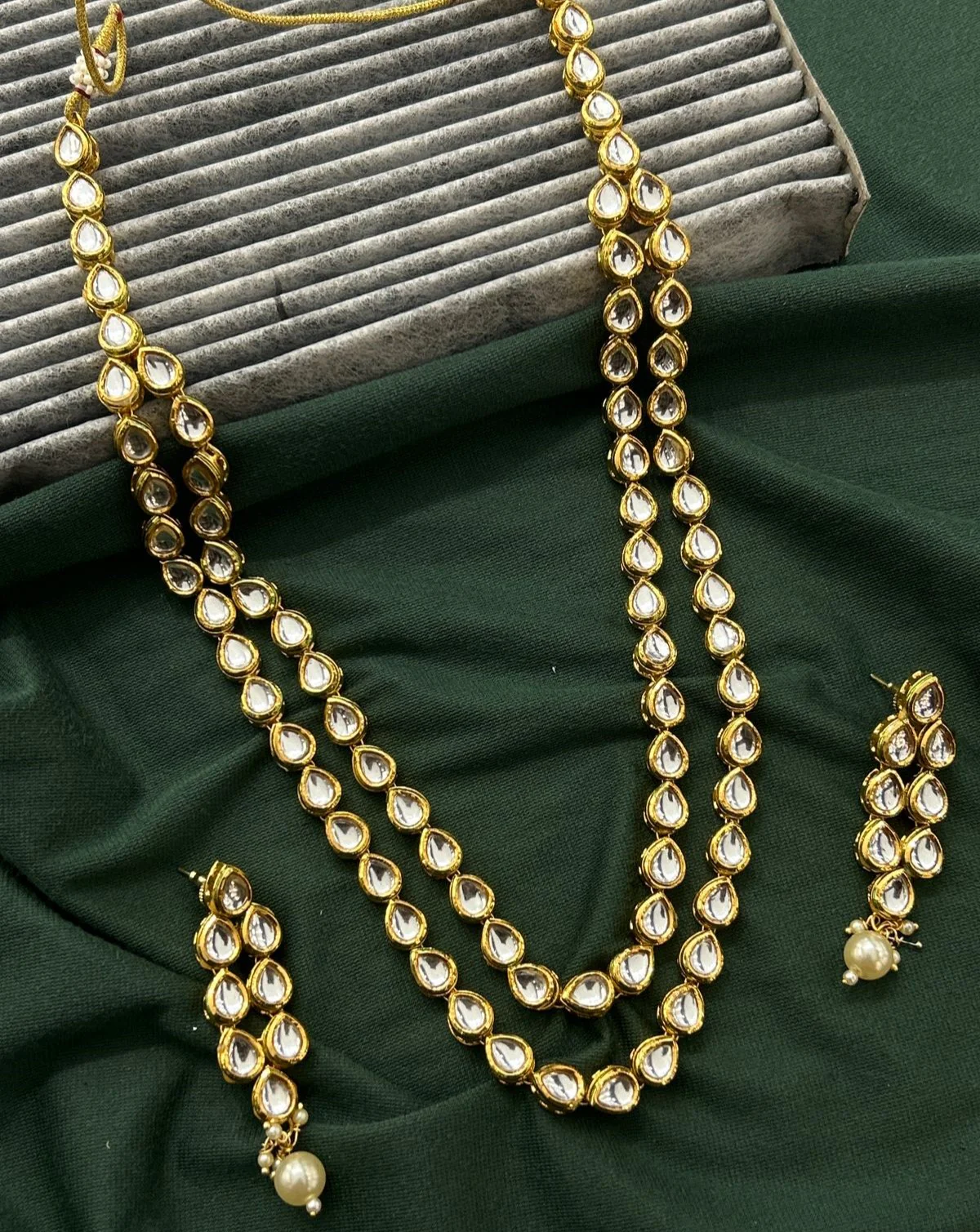 Antique Gold Double Line Kundan Necklace Set with Pearl Drop Earrings