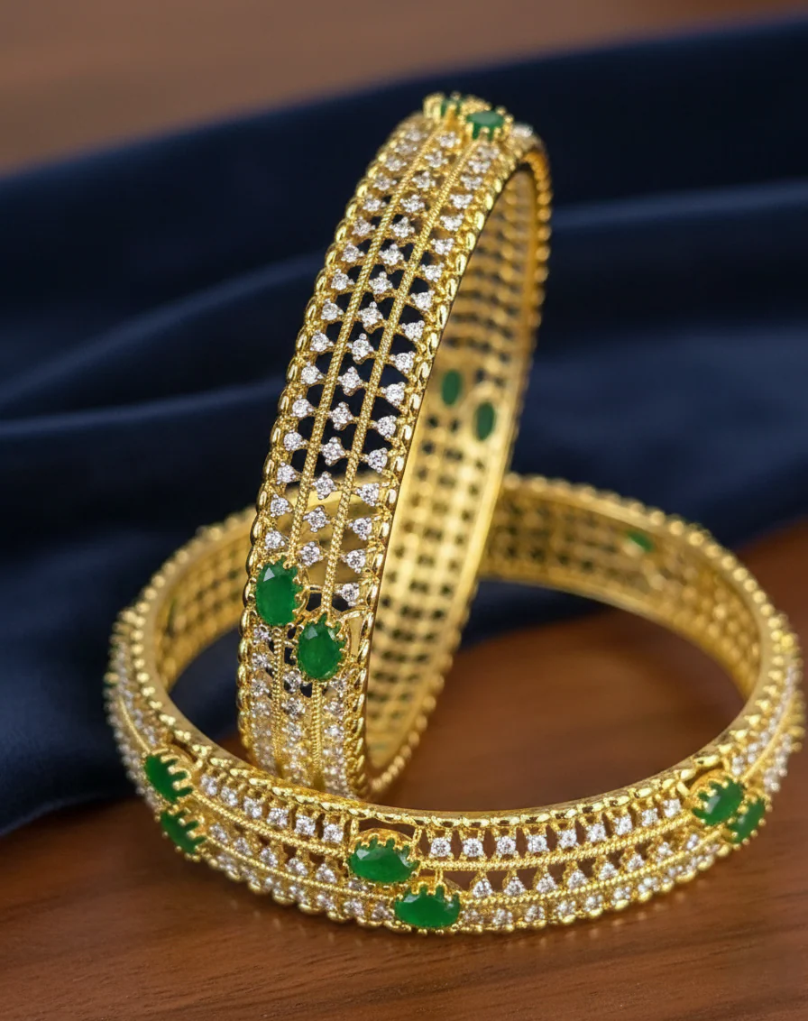 Gold AD Stone Bangles Set with Red & Green Variants | 2.4, 2.6, 2.8 Sizes