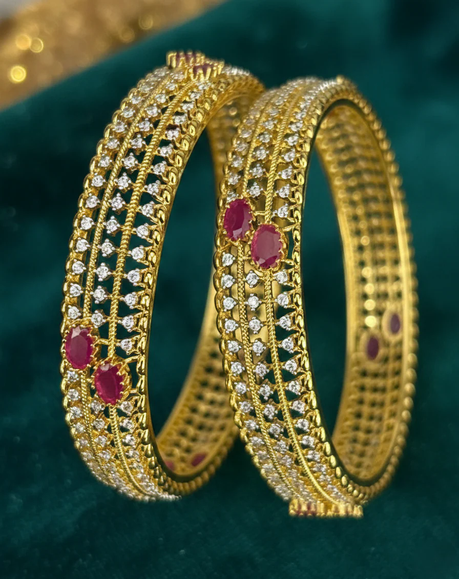 Gold AD Stone Bangles Set with Red & Green Variants | 2.4, 2.6, 2.8 Sizes