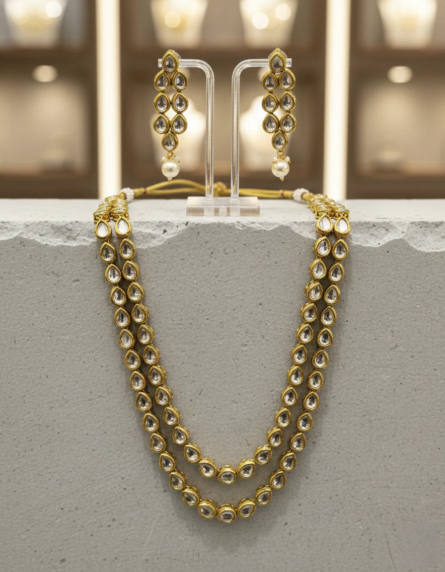 Antique Gold Double Line Kundan Necklace Set with Pearl Drop Earrings