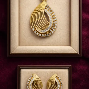 Gold Finish Layered Teardrop Diamond Pendant Set with Earrings