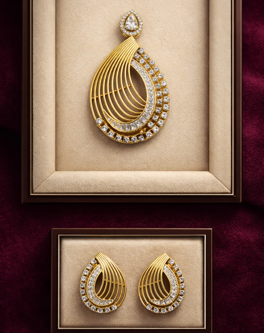 Gold Finish Layered Teardrop Diamond Pendant Set with Earrings