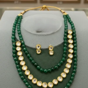 Green Bead Kundan Necklace Set with Stud Earrings – Gold Finish