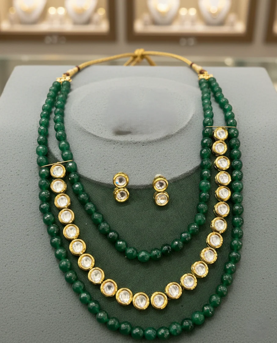 Green Bead Kundan Necklace Set with Stud Earrings – Gold Finish