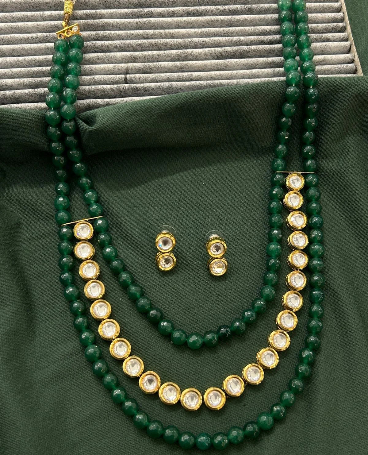 Green Bead Kundan Necklace Set with Stud Earrings – Gold Finish