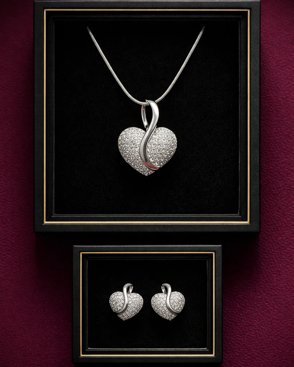 Diamond Look Heart Pendant Set with Chain & Stud Earrings | Premium Imitation Jewellery