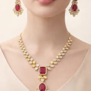 Ruby Style Gold Finish Necklace Set with Matching Earrings