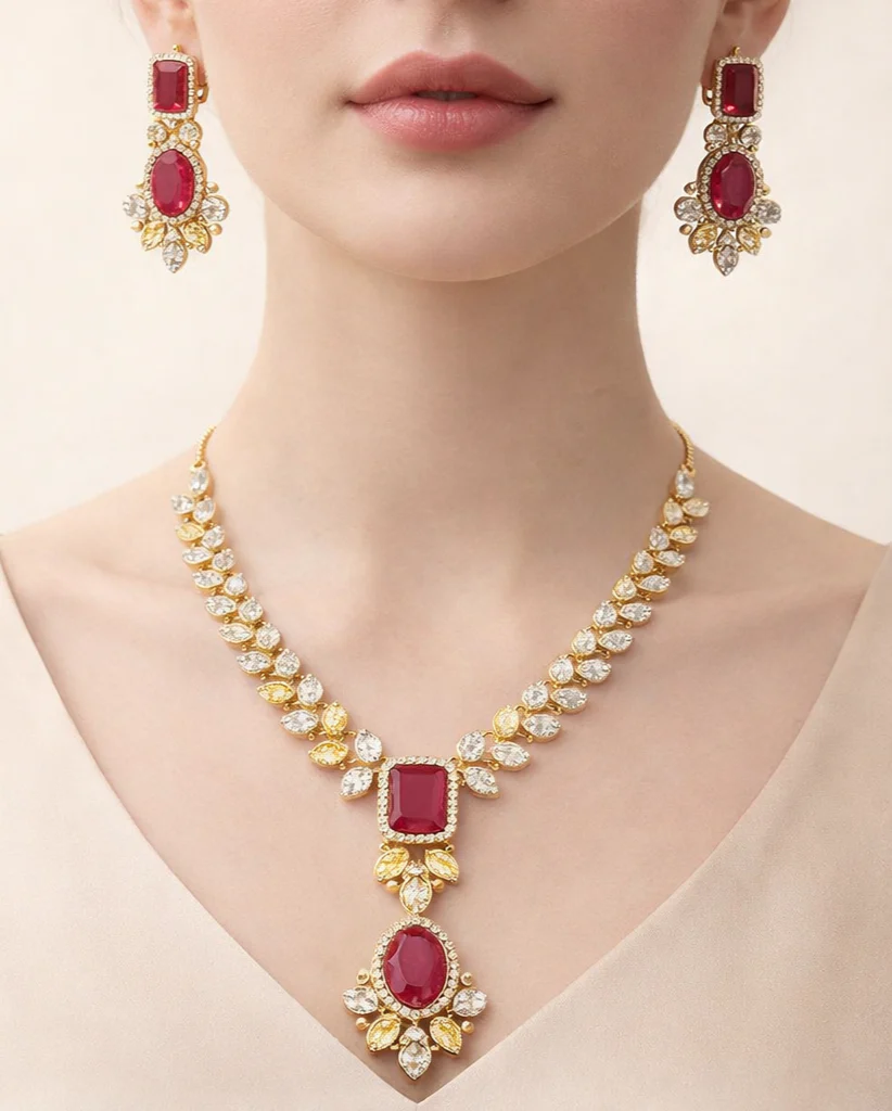 Ruby Style Gold Finish Necklace Set with Matching Earrings