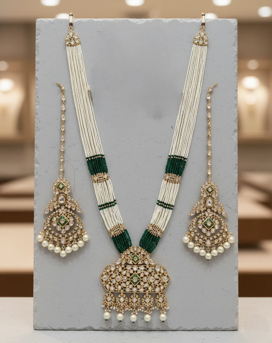 White and Green Beaded Kundan Necklace Set with Pearl Dangling Earrings