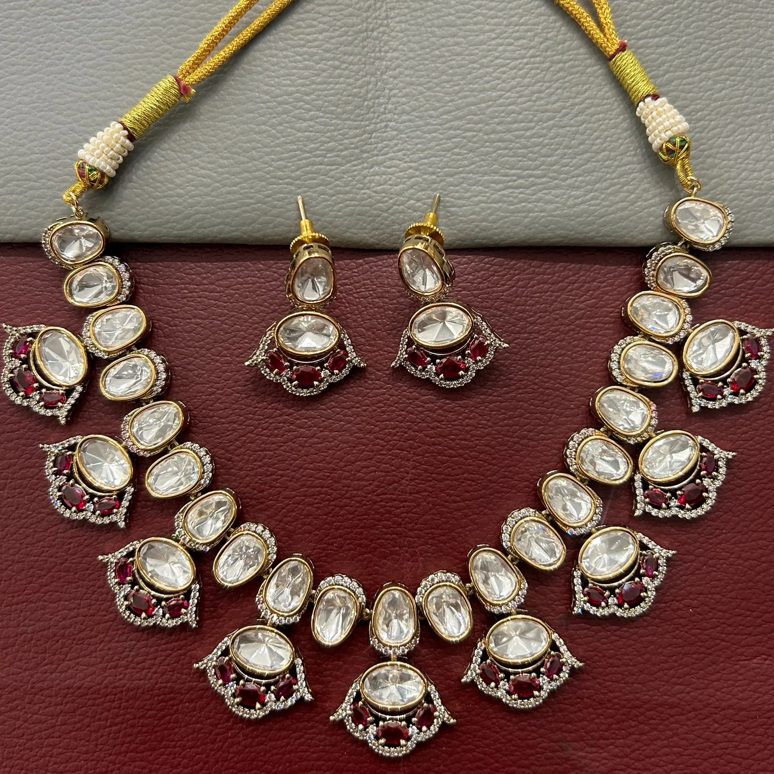 White Kundan Necklace Set with Ruby Red Stones | Bridal Jewellery