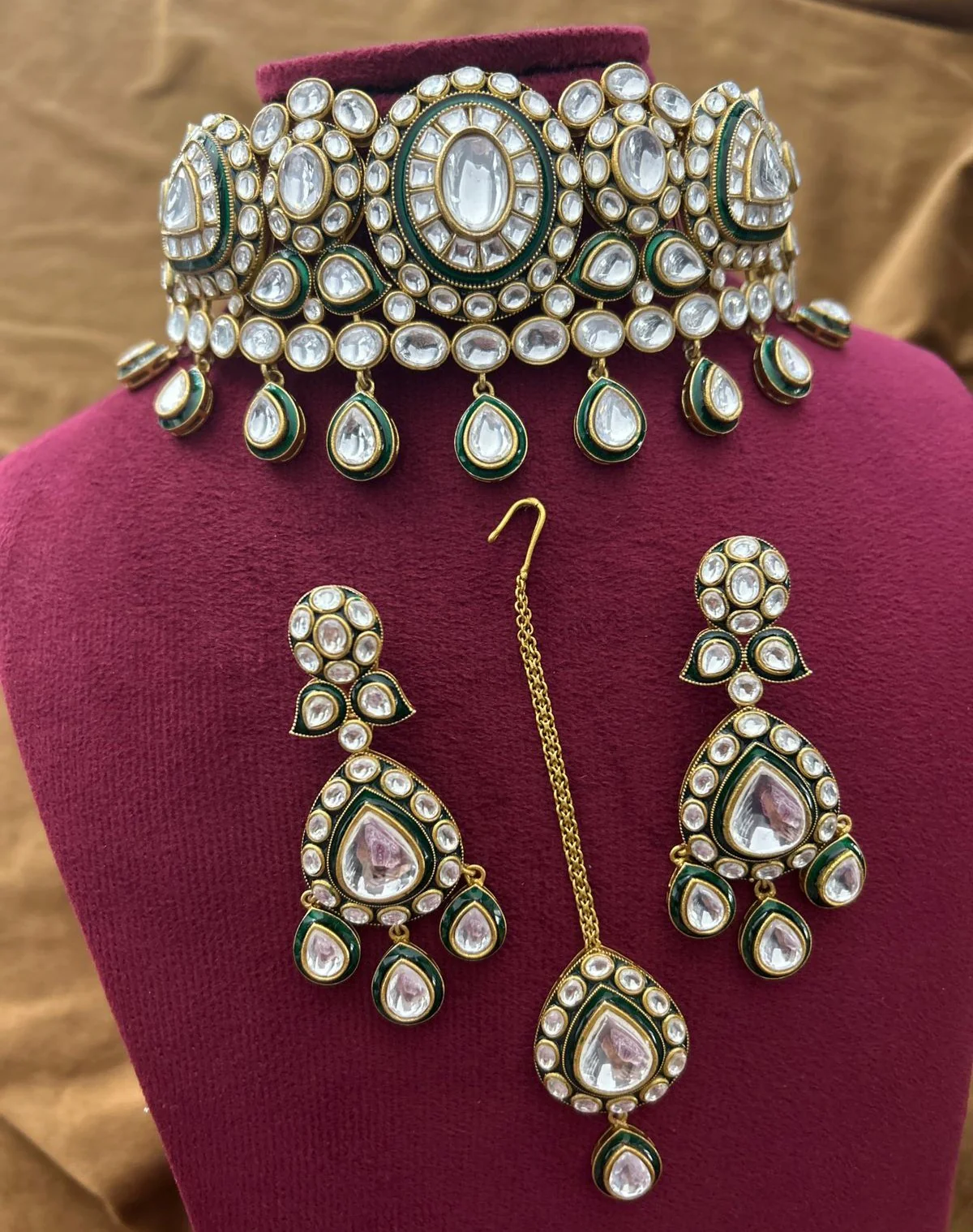 Green Kundan Necklace Set with Earrings & Maang Tikka | Bridal Jewellery