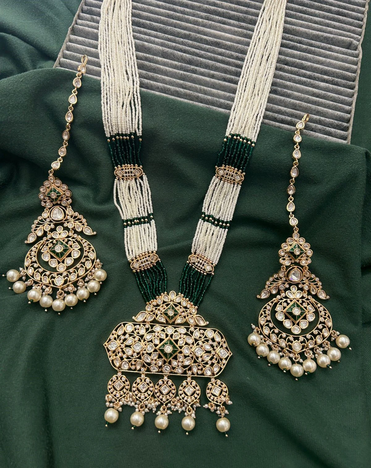 White and Green Beaded Kundan Necklace Set with Pearl Dangling Earrings