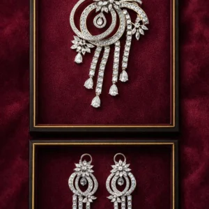 Designer Spiral Diamond Style Pendant Set with Long Drop Earrings – Silver Finish