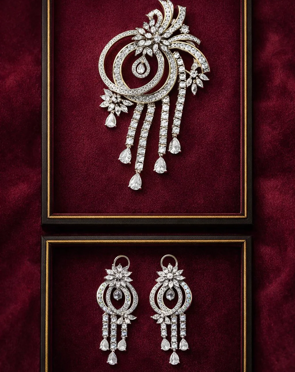 Designer Spiral Diamond Style Pendant Set with Long Drop Earrings – Silver Finish