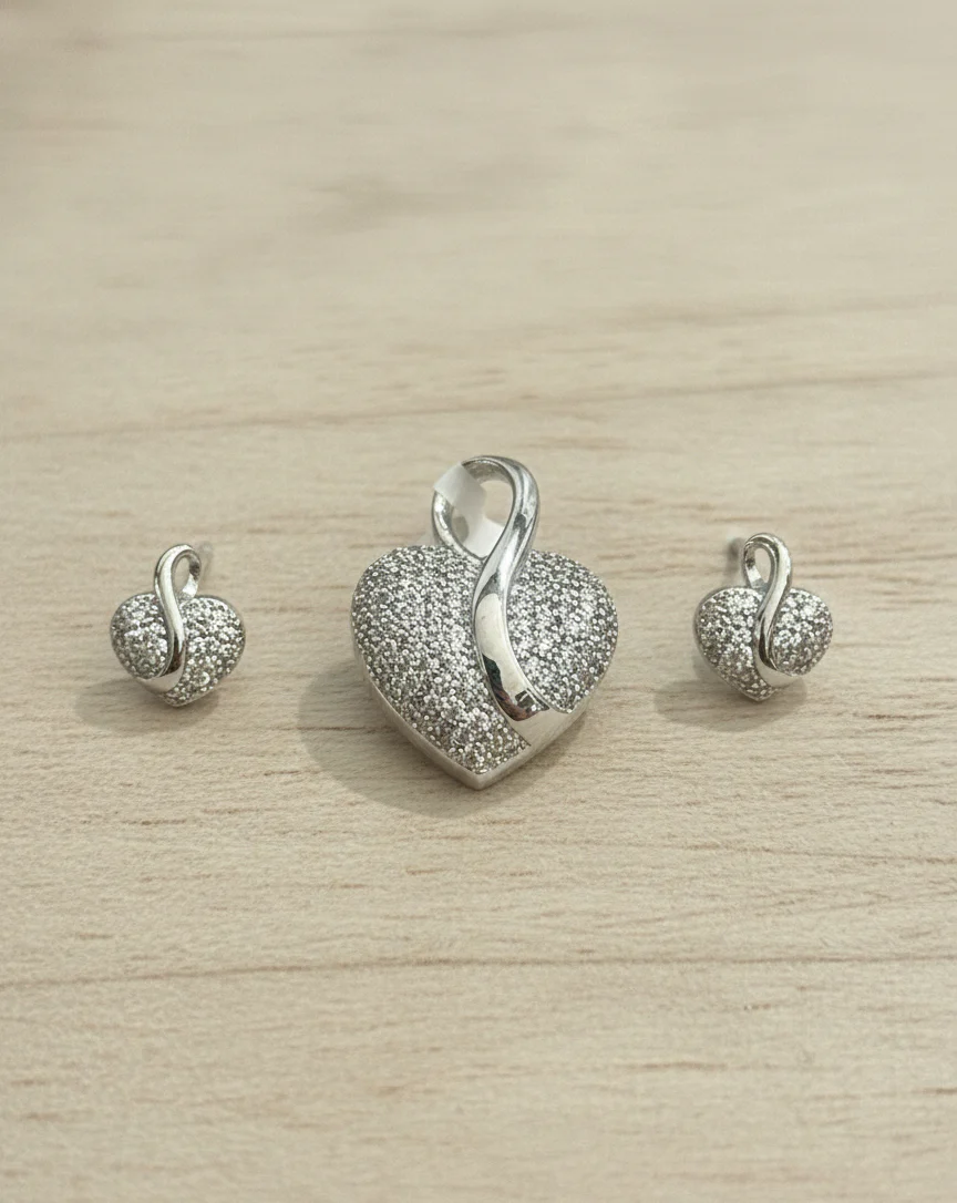 Diamond Look Heart Pendant Set with Chain & Stud Earrings | Premium Imitation Jewellery