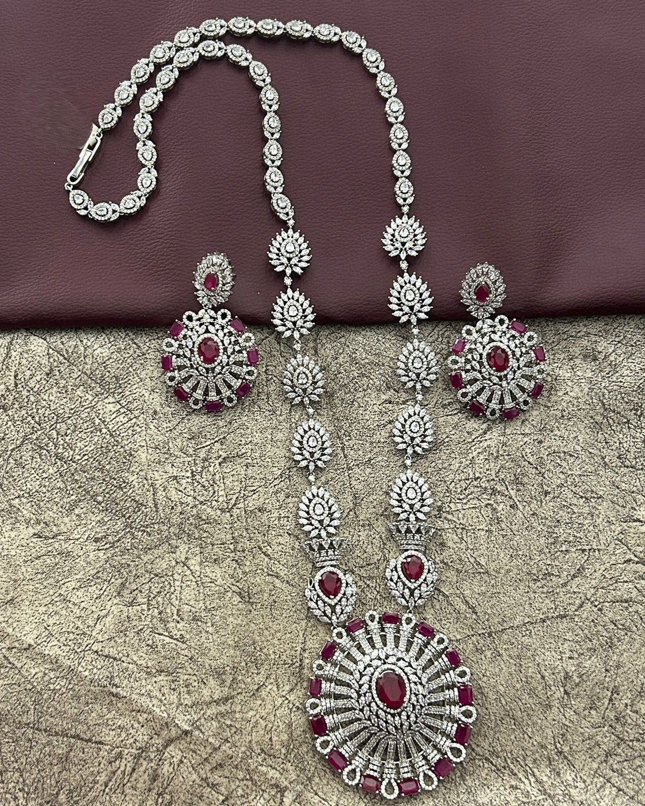 Diamond Long Necklace Set with Ruby Stones