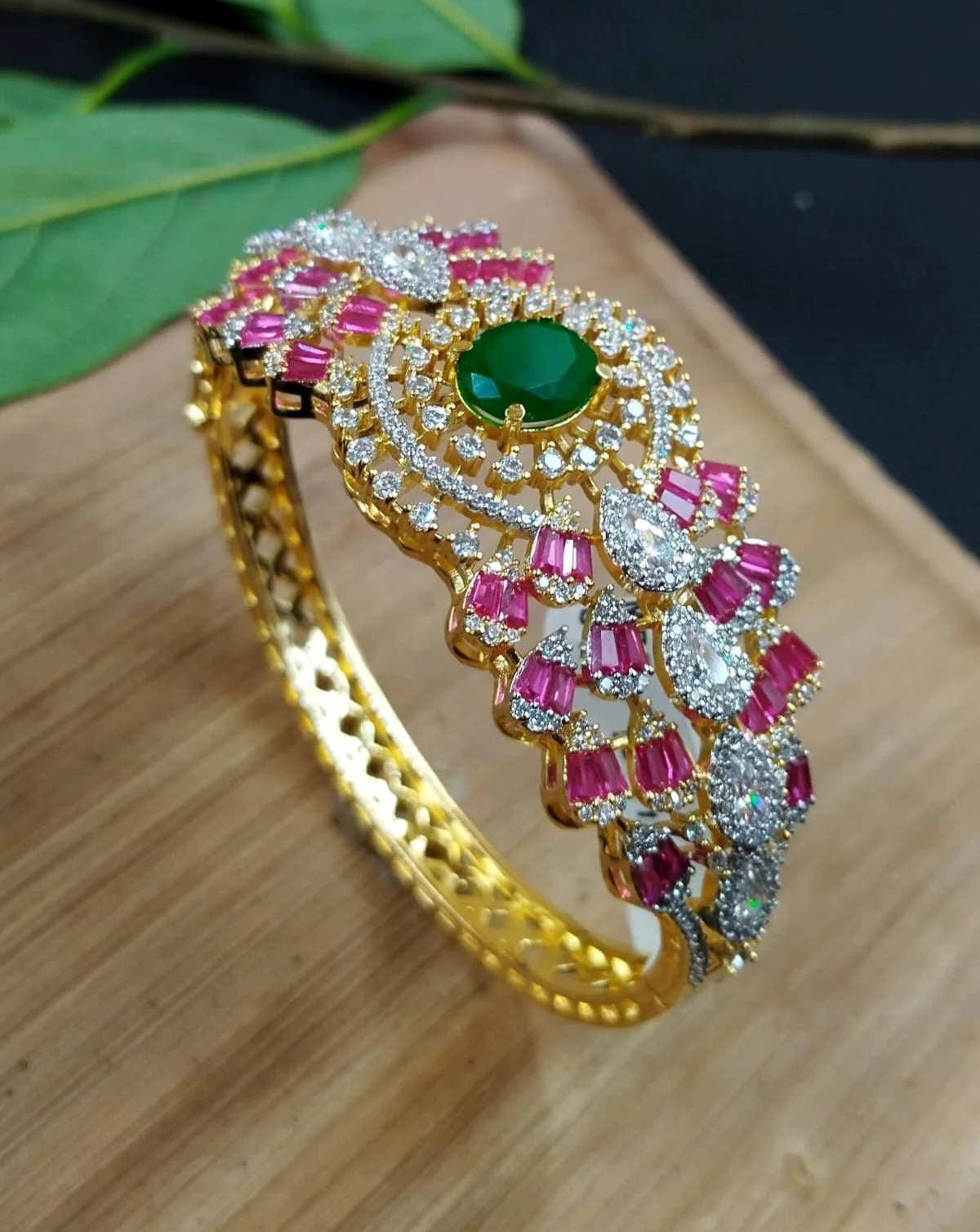 Bridal Diamond Bracelet with Green Stone & Pink Accents | Gold Polish Openable Bracelet