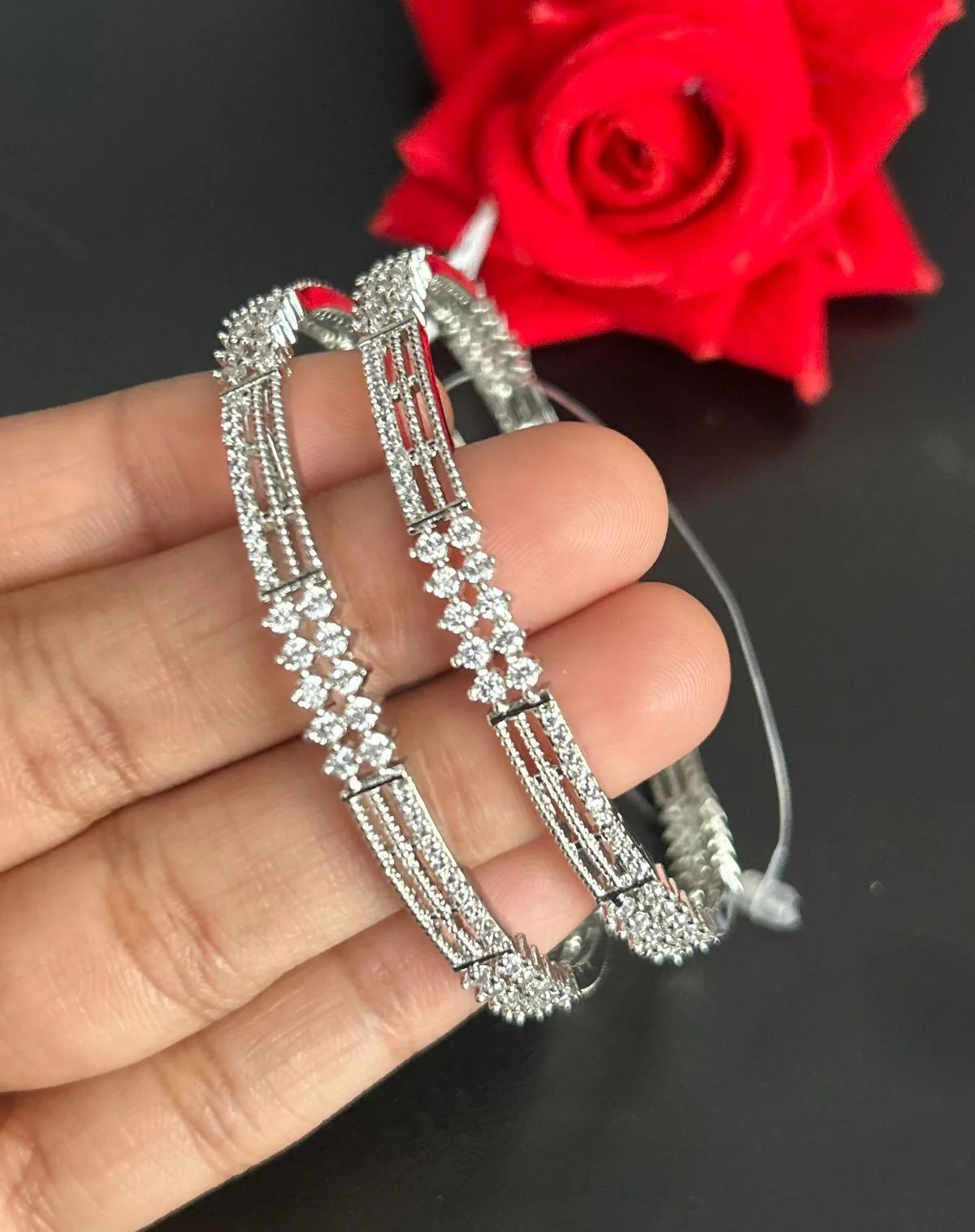 Silver Tone Diamond Look Fixed Bangle Pair for Women