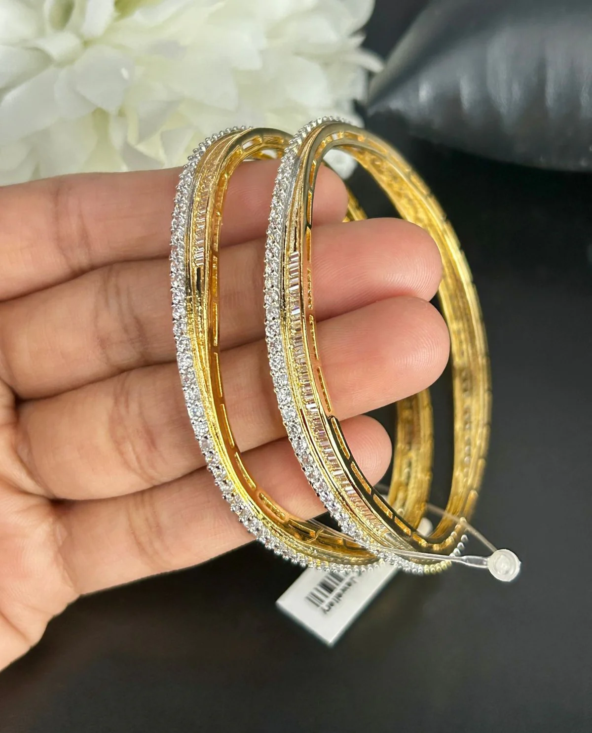 Dual Tone Diamond Finish Bangle Set for Women – Gold Polish with Baguette Detailing