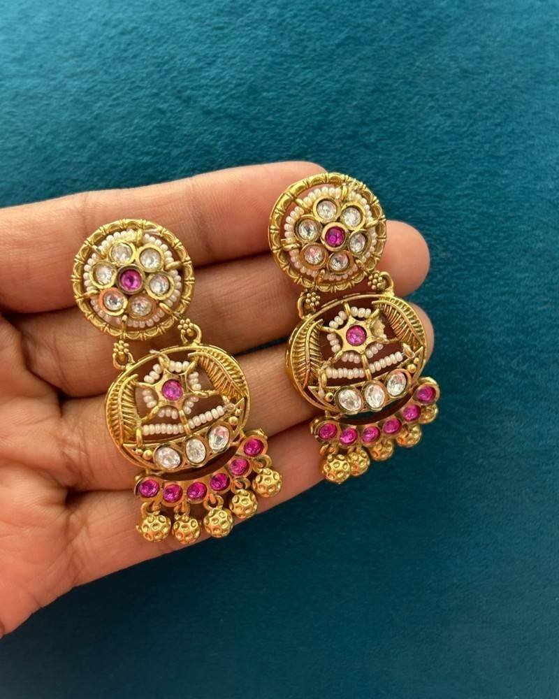 Traditional Gold Finish Pearl Necklace Set with Kundan Work & Pink Stone Pendant