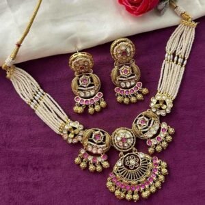 Traditional Gold Finish Pearl Necklace Set with Kundan Work & Pink Stone Pendant