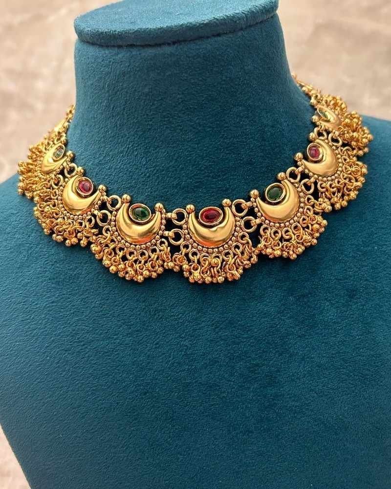 Traditional Gold Finish Crescent Necklace Set with Green & Pink Stones